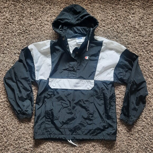 VTG Champion Windbreaker Black White 90s Y2k Hooded Pullover Kangaroo pocket - Picture 5 of 9